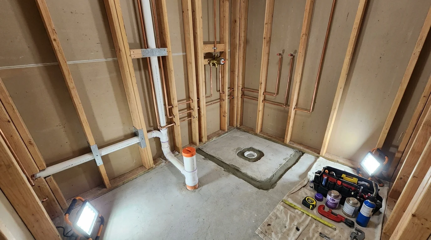 Bathroom rough-in plumbing during remodel by Johns Plumbing LLC in Paterson