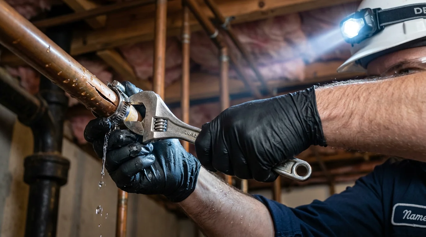 Emergency pipe clamp repair being performed by a Johns Plumbing LLC plumber in Paterson