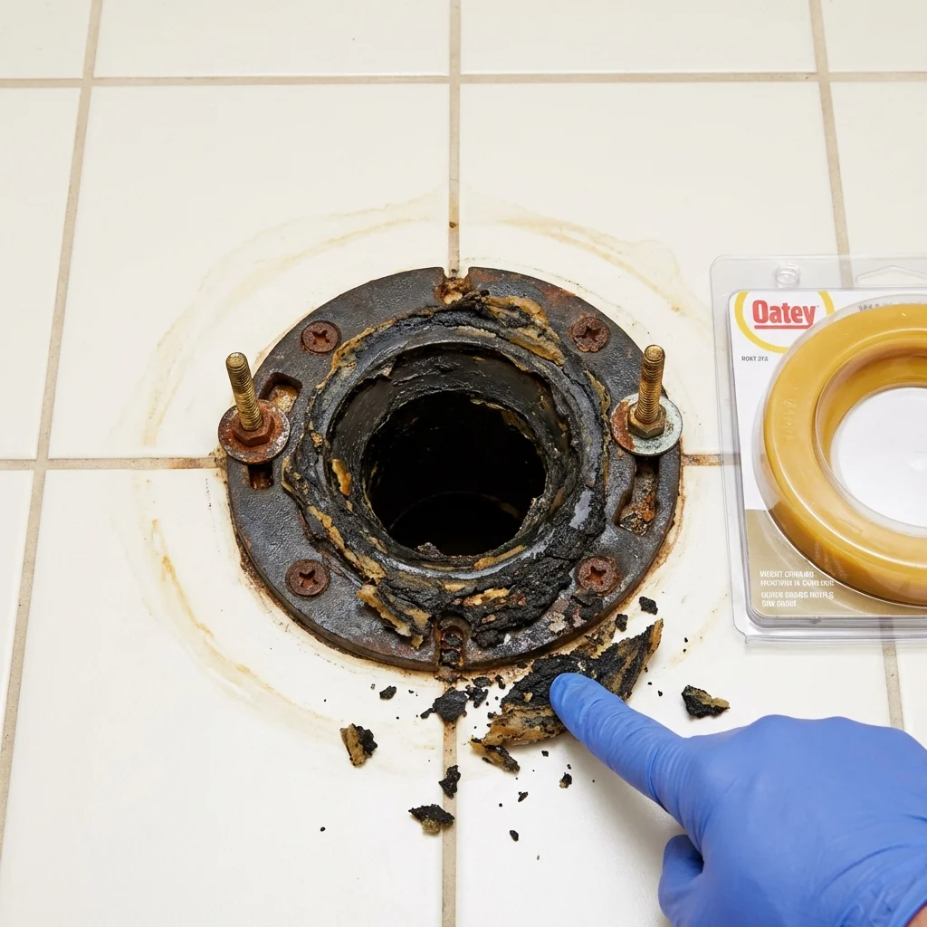 Failed wax ring showing water seepage at the base of a toilet in a Paterson, NJ home