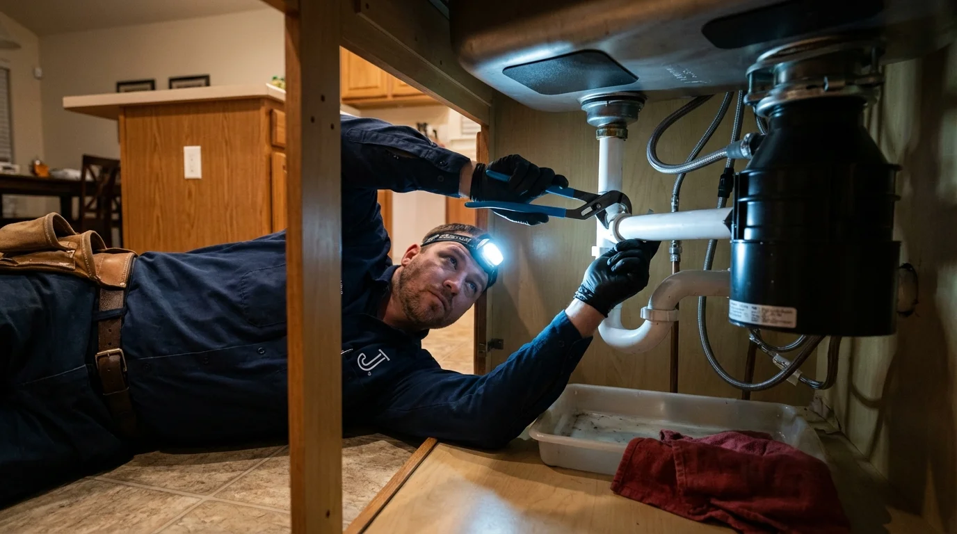 P-trap and supply line connections under a kitchen sink showing a common leak point in Paterson, NJ